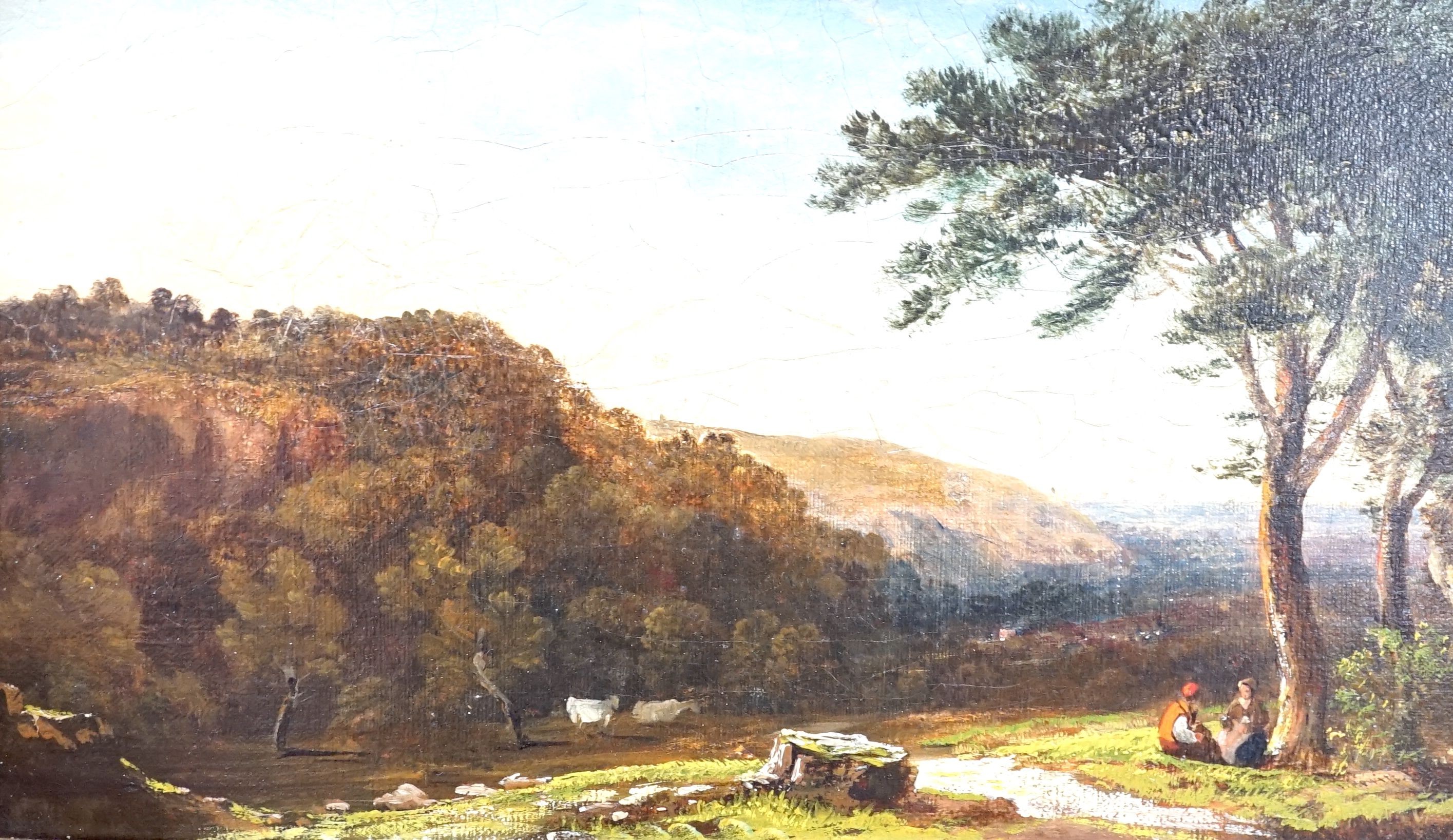 English school (2nd half 19th century), oil on canvas, figures in a river landscape scene, 15 cm X 25 cm